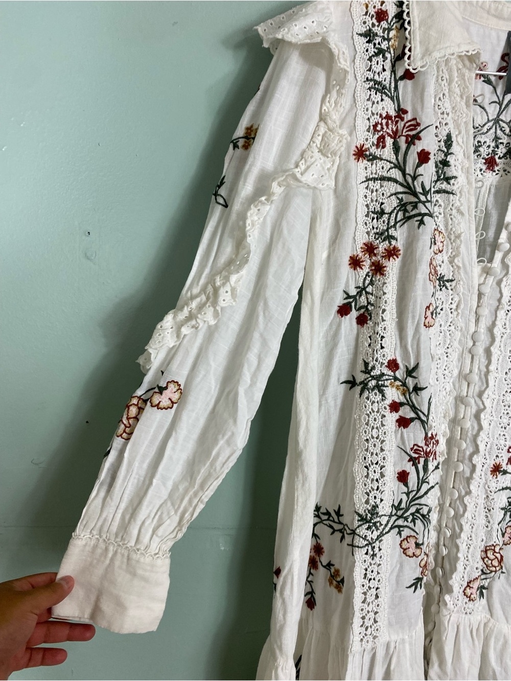 Anthropologie Long-Sleeve V-Neck Eyelet Midi Dress XL White Floral - Picture 8 of 10